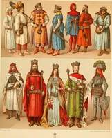 An illustration from Le costume historique. Cinq cents planches, trois cents en couleurs, or et argent, deux cents en camaieu. Types principaux du vêtement et de la parure, rapprochés de ceux de l'intérieur de l'habitation dans tous les temps et chez tous les peuples, avec de nombreux détails sur le mobilier, les armes, les objets usuels, les moyens de transport, etc (1888)