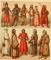 An illustration from Le costume historique. Cinq cents planches, trois cents en couleurs, or et argent, deux cents en camaieu. Types principaux du vêtement et de la parure, rapprochés de ceux de l'intérieur de l'habitation dans tous les temps et chez tous les peuples, avec de nombreux détails sur le mobilier, les armes, les objets usuels, les moyens de transport, etc (1888)