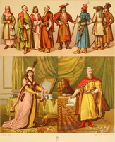 An illustration from Le costume historique. Cinq cents planches, trois cents en couleurs, or et argent, deux cents en camaieu. Types principaux du vêtement et de la parure, rapprochés de ceux de l'intérieur de l'habitation dans tous les temps et chez tous les peuples, avec de nombreux détails sur le mobilier, les armes, les objets usuels, les moyens de transport, etc (1888)