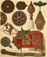 Picture 63 of 109 from Le costume historique. Cinq cents planches, trois cents en couleurs, or et argent, deux cents en camaieu. Types principaux du vêtement et de la parure, rapprochés de ceux de l'intérieur de l'habitation dans tous les temps et chez tous les peuples, avec de nombreux détails sur le mobilier, les armes, les objets usuels, les moyens de transport, etc (1888), leaf 332