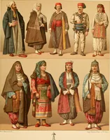 An illustration from Le costume historique. Cinq cents planches, trois cents en couleurs, or et argent, deux cents en camaieu. Types principaux du vêtement et de la parure, rapprochés de ceux de l'intérieur de l'habitation dans tous les temps et chez tous les peuples, avec de nombreux détails sur le mobilier, les armes, les objets usuels, les moyens de transport, etc (1888)