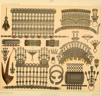 An illustration from Le costume historique. Cinq cents planches, trois cents en couleurs, or et argent, deux cents en camaieu. Types principaux du vêtement et de la parure, rapprochés de ceux de l'intérieur de l'habitation dans tous les temps et chez tous les peuples, avec de nombreux détails sur le mobilier, les armes, les objets usuels, les moyens de transport, etc (1888)