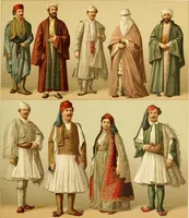 An illustration from Le costume historique. Cinq cents planches, trois cents en couleurs, or et argent, deux cents en camaieu. Types principaux du vêtement et de la parure, rapprochés de ceux de l'intérieur de l'habitation dans tous les temps et chez tous les peuples, avec de nombreux détails sur le mobilier, les armes, les objets usuels, les moyens de transport, etc (1888)