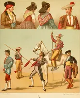 An illustration from Le costume historique. Cinq cents planches, trois cents en couleurs, or et argent, deux cents en camaieu. Types principaux du vêtement et de la parure, rapprochés de ceux de l'intérieur de l'habitation dans tous les temps et chez tous les peuples, avec de nombreux détails sur le mobilier, les armes, les objets usuels, les moyens de transport, etc (1888)