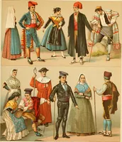 An illustration from Le costume historique. Cinq cents planches, trois cents en couleurs, or et argent, deux cents en camaieu. Types principaux du vêtement et de la parure, rapprochés de ceux de l'intérieur de l'habitation dans tous les temps et chez tous les peuples, avec de nombreux détails sur le mobilier, les armes, les objets usuels, les moyens de transport, etc (1888)