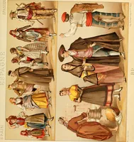 An illustration from Le costume historique. Cinq cents planches, trois cents en couleurs, or et argent, deux cents en camaieu. Types principaux du vêtement et de la parure, rapprochés de ceux de l'intérieur de l'habitation dans tous les temps et chez tous les peuples, avec de nombreux détails sur le mobilier, les armes, les objets usuels, les moyens de transport, etc (1888)