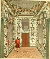 An illustration from Le costume historique. Cinq cents planches, trois cents en couleurs, or et argent, deux cents en camaieu. Types principaux du vêtement et de la parure, rapprochés de ceux de l'intérieur de l'habitation dans tous les temps et chez tous les peuples, avec de nombreux détails sur le mobilier, les armes, les objets usuels, les moyens de transport, etc (1888)