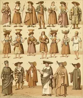 An illustration from Le costume historique. Cinq cents planches, trois cents en couleurs, or et argent, deux cents en camaieu. Types principaux du vêtement et de la parure, rapprochés de ceux de l'intérieur de l'habitation dans tous les temps et chez tous les peuples, avec de nombreux détails sur le mobilier, les armes, les objets usuels, les moyens de transport, etc (1888)