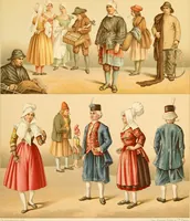 An illustration from Le costume historique. Cinq cents planches, trois cents en couleurs, or et argent, deux cents en camaieu. Types principaux du vêtement et de la parure, rapprochés de ceux de l'intérieur de l'habitation dans tous les temps et chez tous les peuples, avec de nombreux détails sur le mobilier, les armes, les objets usuels, les moyens de transport, etc (1888)