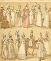 An illustration from Le costume historique. Cinq cents planches, trois cents en couleurs, or et argent, deux cents en camaieu. Types principaux du vêtement et de la parure, rapprochés de ceux de l'intérieur de l'habitation dans tous les temps et chez tous les peuples, avec de nombreux détails sur le mobilier, les armes, les objets usuels, les moyens de transport, etc (1888)