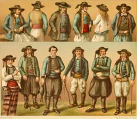 An illustration from Le costume historique. Cinq cents planches, trois cents en couleurs, or et argent, deux cents en camaieu. Types principaux du vêtement et de la parure, rapprochés de ceux de l'intérieur de l'habitation dans tous les temps et chez tous les peuples, avec de nombreux détails sur le mobilier, les armes, les objets usuels, les moyens de transport, etc (1888)