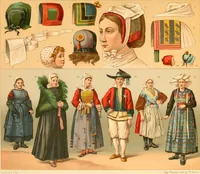 An illustration from Le costume historique. Cinq cents planches, trois cents en couleurs, or et argent, deux cents en camaieu. Types principaux du vêtement et de la parure, rapprochés de ceux de l'intérieur de l'habitation dans tous les temps et chez tous les peuples, avec de nombreux détails sur le mobilier, les armes, les objets usuels, les moyens de transport, etc (1888)