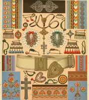Picture 106 of 109 from Le costume historique. Cinq cents planches, trois cents en couleurs, or et argent, deux cents en camaieu. Types principaux du vêtement et de la parure, rapprochés de ceux de l'intérieur de l'habitation dans tous les temps et chez tous les peuples, avec de nombreux détails sur le mobilier, les armes, les objets usuels, les moyens de transport, etc (1888), leaf 554