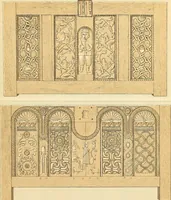 An illustration from Le costume historique. Cinq cents planches, trois cents en couleurs, or et argent, deux cents en camaieu. Types principaux du vêtement et de la parure, rapprochés de ceux de l'intérieur de l'habitation dans tous les temps et chez tous les peuples, avec de nombreux détails sur le mobilier, les armes, les objets usuels, les moyens de transport, etc (1888)