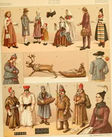 An illustration from Le costume historique. Cinq cents planches, trois cents en couleurs, or et argent, deux cents en camaieu. Types principaux du vêtement et de la parure, rapprochés de ceux de l'intérieur de l'habitation dans tous les temps et chez tous les peuples, avec de nombreux détails sur le mobilier, les armes, les objets usuels, les moyens de transport, etc (1888)