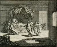 An illustration from Leerzaame zinnebeelden, en Bybel-stoffen : bestaande in Het leven van den propheet Elisa, Moses aanspraak aan Israël, en De verheugde Zacharias (1756)