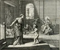 An illustration from Leerzaame zinnebeelden, en Bybel-stoffen : bestaande in Het leven van den propheet Elisa, Moses aanspraak aan Israël, en De verheugde Zacharias (1756)