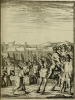 An illustration from Leeven en daden der doorluchtighste zee-helden en ontdeckers van landen deser eeuwen : beginnende met Christoffel Colombus, vinder van de nieuwe wereldt, en eyndigende met den roemruchtigen admirael M.A. de Ruyter, Ridd. &c. : vertoonende veel vreemde voorvallen, dappere verrichtingen, stoutmoedige bestieringen, en swaere zee-slagen, &c. : naeukeurigh, uyt veele geloofwaerdige schriften, en authentijcke stucken, by een gebracht, en beschreven (1676)