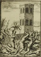 An illustration from Leeven en daden der doorluchtighste zee-helden en ontdeckers van landen deser eeuwen : beginnende met Christoffel Colombus, vinder van de nieuwe wereldt, en eyndigende met den roemruchtigen admirael M.A. de Ruyter, Ridd. &c. : vertoonende veel vreemde voorvallen, dappere verrichtingen, stoutmoedige bestieringen, en swaere zee-slagen, &c. : naeukeurigh, uyt veele geloofwaerdige schriften, en authentijcke stucken, by een gebracht, en beschreven (1676)