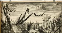 An illustration from Leeven en daden der doorluchtighste zee-helden en ontdeckers van landen deser eeuwen : beginnende met Christoffel Colombus, vinder van de nieuwe wereldt, en eyndigende met den roemruchtigen admirael M.A. de Ruyter, Ridd. &c. : vertoonende veel vreemde voorvallen, dappere verrichtingen, stoutmoedige bestieringen, en swaere zee-slagen, &c. : naeukeurigh, uyt veele geloofwaerdige schriften, en authentijcke stucken, by een gebracht, en beschreven (1676)