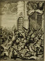An illustration from Leeven en daden der doorluchtighste zee-helden en ontdeckers van landen deser eeuwen : beginnende met Christoffel Colombus, vinder van de nieuwe wereldt, en eyndigende met den roemruchtigen admirael M.A. de Ruyter, Ridd. &c. : vertoonende veel vreemde voorvallen, dappere verrichtingen, stoutmoedige bestieringen, en swaere zee-slagen, &c. : naeukeurigh, uyt veele geloofwaerdige schriften, en authentijcke stucken, by een gebracht, en beschreven (1676)
