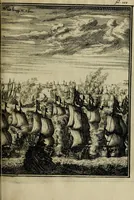 An illustration from Leeven en daden der doorluchtighste zee-helden en ontdeckers van landen deser eeuwen : beginnende met Christoffel Colombus, vinder van de nieuwe wereldt, en eyndigende met den roemruchtigen admirael M.A. de Ruyter, Ridd. &c. : vertoonende veel vreemde voorvallen, dappere verrichtingen, stoutmoedige bestieringen, en swaere zee-slagen, &c. : naeukeurigh, uyt veele geloofwaerdige schriften, en authentijcke stucken, by een gebracht, en beschreven (1676)