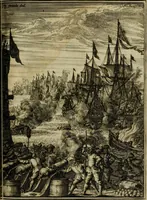 Picture 27 of 54 from Leeven en daden der doorluchtighste zee-helden en ontdeckers van landen deser eeuwen : beginnende met Christoffel Colombus, vinder van de nieuwe wereldt, en eyndigende met den roemruchtigen admirael M.A. de Ruyter, Ridd. &c. : vertoonende veel vreemde voorvallen, dappere verrichtingen, stoutmoedige bestieringen, en swaere zee-slagen, &c. : naeukeurigh, uyt veele geloofwaerdige schriften, en authentijcke stucken, by een gebracht, en beschreven (1676), leaf 402