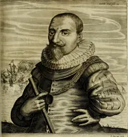 An illustration from Leeven en daden der doorluchtighste zee-helden en ontdeckers van landen deser eeuwen : beginnende met Christoffel Colombus, vinder van de nieuwe wereldt, en eyndigende met den roemruchtigen admirael M.A. de Ruyter, Ridd. &c. : vertoonende veel vreemde voorvallen, dappere verrichtingen, stoutmoedige bestieringen, en swaere zee-slagen, &c. : naeukeurigh, uyt veele geloofwaerdige schriften, en authentijcke stucken, by een gebracht, en beschreven (1676)