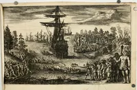 An illustration from Leeven en daden der doorluchtighste zee-helden en ontdeckers van landen deser eeuwen : beginnende met Christoffel Colombus, vinder van de nieuwe wereldt, en eyndigende met den roemruchtigen admirael M.A. de Ruyter, Ridd. &c. : vertoonende veel vreemde voorvallen, dappere verrichtingen, stoutmoedige bestieringen, en swaere zee-slagen, &c. : naeukeurigh, uyt veele geloofwaerdige schriften, en authentijcke stucken, by een gebracht, en beschreven (1676)