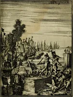 Picture 34 of 54 from Leeven en daden der doorluchtighste zee-helden en ontdeckers van landen deser eeuwen : beginnende met Christoffel Colombus, vinder van de nieuwe wereldt, en eyndigende met den roemruchtigen admirael M.A. de Ruyter, Ridd. &c. : vertoonende veel vreemde voorvallen, dappere verrichtingen, stoutmoedige bestieringen, en swaere zee-slagen, &c. : naeukeurigh, uyt veele geloofwaerdige schriften, en authentijcke stucken, by een gebracht, en beschreven (1676), leaf 452