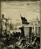 An illustration from Leeven en daden der doorluchtighste zee-helden en ontdeckers van landen deser eeuwen : beginnende met Christoffel Colombus, vinder van de nieuwe wereldt, en eyndigende met den roemruchtigen admirael M.A. de Ruyter, Ridd. &c. : vertoonende veel vreemde voorvallen, dappere verrichtingen, stoutmoedige bestieringen, en swaere zee-slagen, &c. : naeukeurigh, uyt veele geloofwaerdige schriften, en authentijcke stucken, by een gebracht, en beschreven (1676)