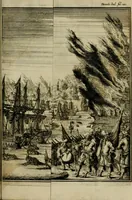 An illustration from Leeven en daden der doorluchtighste zee-helden en ontdeckers van landen deser eeuwen : beginnende met Christoffel Colombus, vinder van de nieuwe wereldt, en eyndigende met den roemruchtigen admirael M.A. de Ruyter, Ridd. &c. : vertoonende veel vreemde voorvallen, dappere verrichtingen, stoutmoedige bestieringen, en swaere zee-slagen, &c. : naeukeurigh, uyt veele geloofwaerdige schriften, en authentijcke stucken, by een gebracht, en beschreven (1676)
