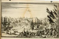 An illustration from Leeven en daden der doorluchtighste zee-helden en ontdeckers van landen deser eeuwen : beginnende met Christoffel Colombus, vinder van de nieuwe wereldt, en eyndigende met den roemruchtigen admirael M.A. de Ruyter, Ridd. &c. : vertoonende veel vreemde voorvallen, dappere verrichtingen, stoutmoedige bestieringen, en swaere zee-slagen, &c. : naeukeurigh, uyt veele geloofwaerdige schriften, en authentijcke stucken, by een gebracht, en beschreven (1676)