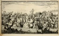 An illustration from Leeven en daden der doorluchtighste zee-helden en ontdeckers van landen deser eeuwen : beginnende met Christoffel Colombus, vinder van de nieuwe wereldt, en eyndigende met den roemruchtigen admirael M.A. de Ruyter, Ridd. &c. : vertoonende veel vreemde voorvallen, dappere verrichtingen, stoutmoedige bestieringen, en swaere zee-slagen, &c. : naeukeurigh, uyt veele geloofwaerdige schriften, en authentijcke stucken, by een gebracht, en beschreven (1676)