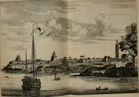 An illustration from Legatio batavica ad magnum Tartariæ chamum Sungteium, modernum Sinæ imperatorem. Historiarum narratione, quæ legatis in provinciis Quantung, Kiangsi, Nanking, Xantung, Peking, & aula imperatoriâ ab anno 1665 ad annum 1657 obtigerunt, ut & ardua Sinensium in bello tartarico fortunâ, provinciarum accurata geographia, urbium delineatione, nec non artis & naturæ miraculis ex animalium, vegetabilium, mineralium genere per centum & quinquaginta æneas figuras passim illustrata & conscripta vernacule (1668)