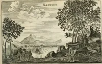An illustration from Legatio batavica ad magnum Tartariæ chamum Sungteium, modernum Sinæ imperatorem. Historiarum narratione, quæ legatis in provinciis Quantung, Kiangsi, Nanking, Xantung, Peking, & aula imperatoriâ ab anno 1665 ad annum 1657 obtigerunt, ut & ardua Sinensium in bello tartarico fortunâ, provinciarum accurata geographia, urbium delineatione, nec non artis & naturæ miraculis ex animalium, vegetabilium, mineralium genere per centum & quinquaginta æneas figuras passim illustrata & conscripta vernacule (1668)