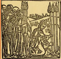 An illustration from The legendary history of the cross : a series of sixty-four woodcuts from a Dutch book published by Veldener, A.D. 1483 ; with an introduction written and illustrated by John Ashton ; preface by S. Baring Gould (1887)