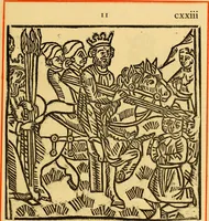 An illustration from The legendary history of the cross : a series of sixty-four woodcuts from a Dutch book published by Veldener, A.D. 1483 ; with an introduction written and illustrated by John Ashton ; preface by S. Baring Gould (1887)