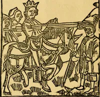 An illustration from The legendary history of the cross : a series of sixty-four woodcuts from a Dutch book published by Veldener, A.D. 1483 ; with an introduction written and illustrated by John Ashton ; preface by S. Baring Gould (1887)