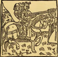 An illustration from The legendary history of the cross : a series of sixty-four woodcuts from a Dutch book published by Veldener, A.D. 1483 ; with an introduction written and illustrated by John Ashton ; preface by S. Baring Gould (1887)