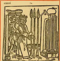 An illustration from The legendary history of the cross : a series of sixty-four woodcuts from a Dutch book published by Veldener, A.D. 1483 ; with an introduction written and illustrated by John Ashton ; preface by S. Baring Gould (1887)