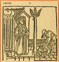 An illustration from The legendary history of the cross : a series of sixty-four woodcuts from a Dutch book published by Veldener, A.D. 1483 ; with an introduction written and illustrated by John Ashton ; preface by S. Baring Gould (1887)