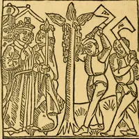 An illustration from The legendary history of the cross : a series of sixty-four woodcuts from a Dutch book published by Veldener, A.D. 1483 ; with an introduction written and illustrated by John Ashton ; preface by S. Baring Gould (1887)