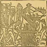 An illustration from The legendary history of the cross : a series of sixty-four woodcuts from a Dutch book published by Veldener, A.D. 1483 ; with an introduction written and illustrated by John Ashton ; preface by S. Baring Gould (1887)