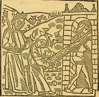 An illustration from The legendary history of the cross : a series of sixty-four woodcuts from a Dutch book published by Veldener, A.D. 1483 ; with an introduction written and illustrated by John Ashton ; preface by S. Baring Gould (1887)