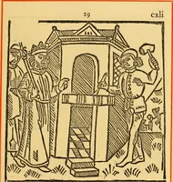 An illustration from The legendary history of the cross : a series of sixty-four woodcuts from a Dutch book published by Veldener, A.D. 1483 ; with an introduction written and illustrated by John Ashton ; preface by S. Baring Gould (1887)