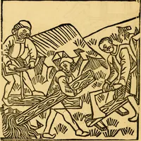 An illustration from The legendary history of the cross : a series of sixty-four woodcuts from a Dutch book published by Veldener, A.D. 1483 ; with an introduction written and illustrated by John Ashton ; preface by S. Baring Gould (1887)