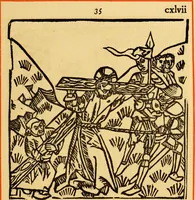 An illustration from The legendary history of the cross : a series of sixty-four woodcuts from a Dutch book published by Veldener, A.D. 1483 ; with an introduction written and illustrated by John Ashton ; preface by S. Baring Gould (1887)