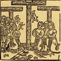 An illustration from The legendary history of the cross : a series of sixty-four woodcuts from a Dutch book published by Veldener, A.D. 1483 ; with an introduction written and illustrated by John Ashton ; preface by S. Baring Gould (1887)