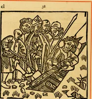 An illustration from The legendary history of the cross : a series of sixty-four woodcuts from a Dutch book published by Veldener, A.D. 1483 ; with an introduction written and illustrated by John Ashton ; preface by S. Baring Gould (1887)